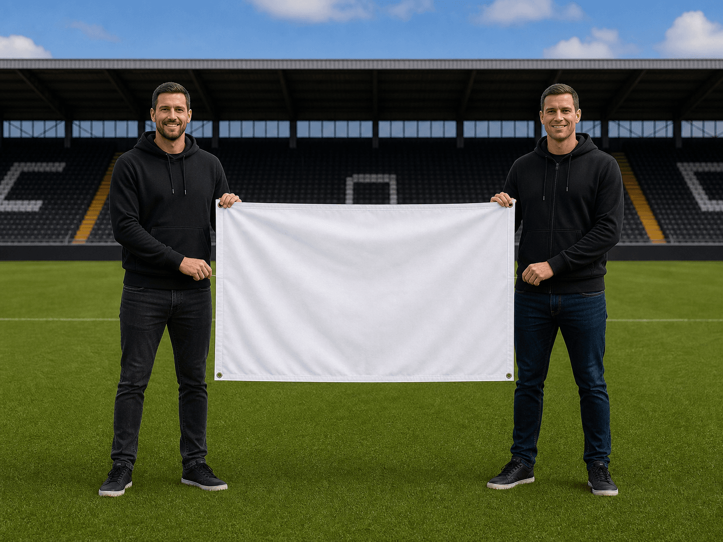 Two people holding a blank 5ft x 3ft football flag to demonstrate its scale