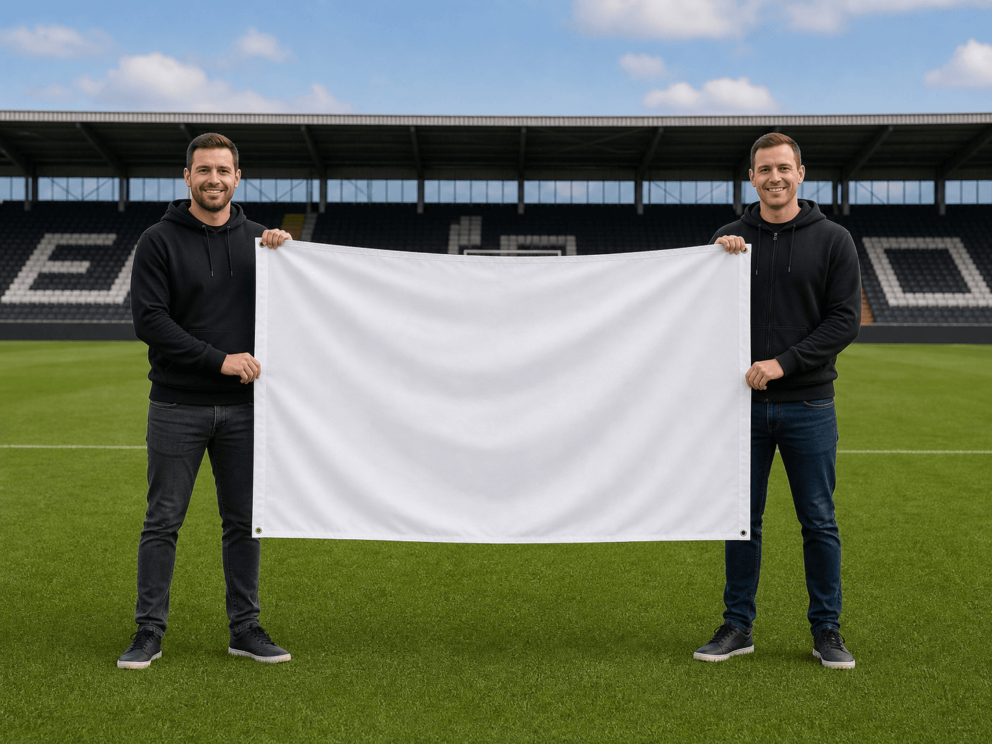 Two people holding a blank 6ft x 4ft football flag to demonstrate its scale