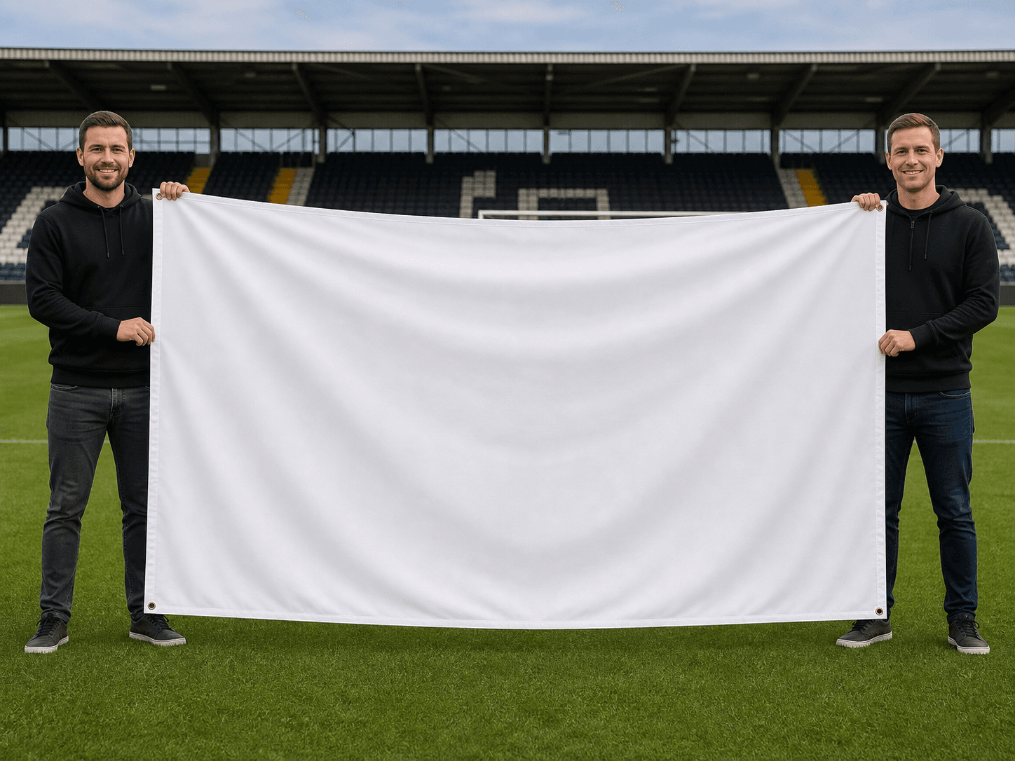 Two people holding a blank 8ft x 5ft football flag to demonstrate its large scale