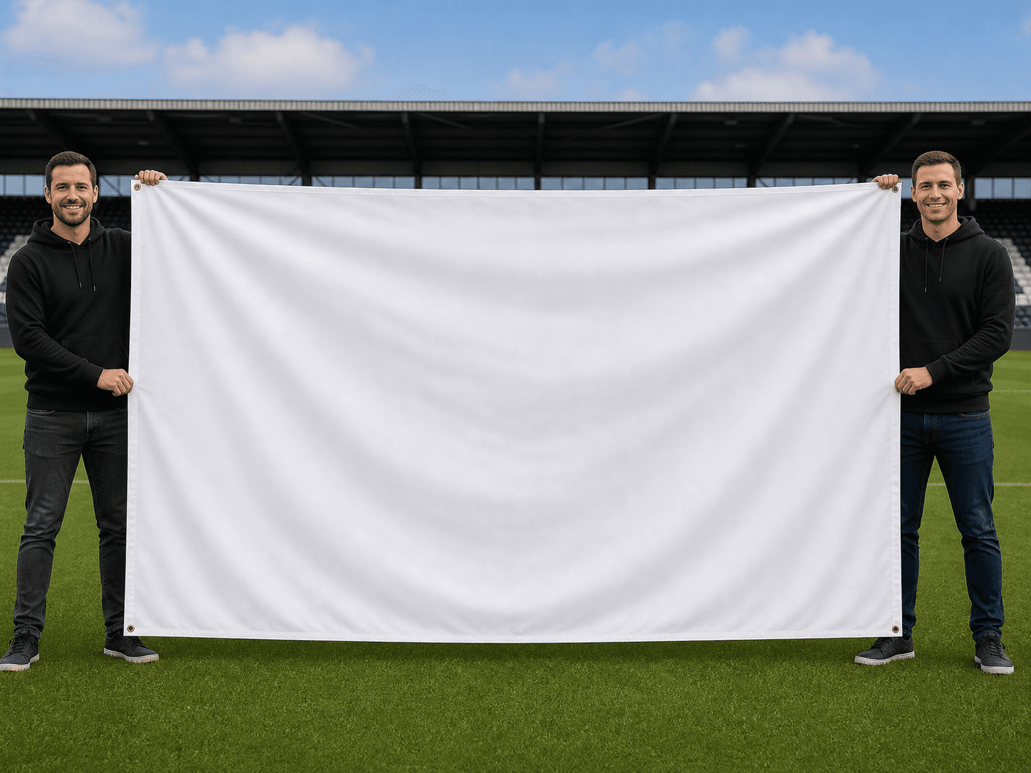 Two people holding a blank 10ft x 6ft football flag to demonstrate its full scale